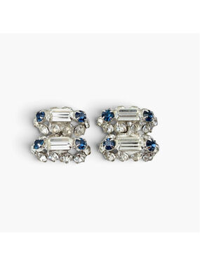 Vintage Blue Rhinestone Clip Earrings Clear Crystal Silver Tone Statement